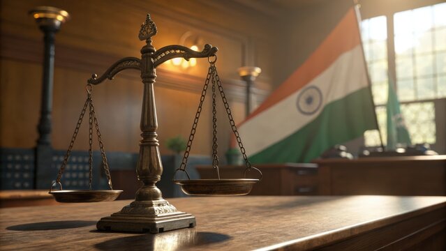 Ornate Brass Scales of Justice in a Sunlit Courtroom with Indian Flag