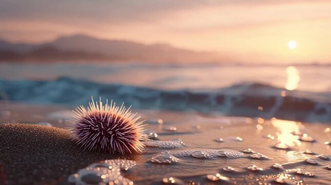 erizo de mar washed ashore on wet sand with soft waves and sunset light