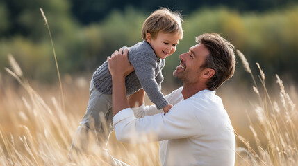Joyful father-son playtime in soft sunlight