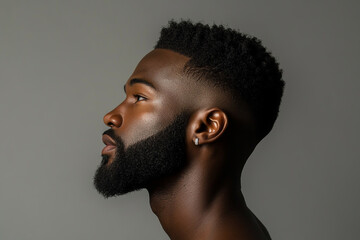 Obraz premium Side profile portrait of a man with short hair and a neatly trimmed beard, a hairstyle that reflects contemporary grooming and fashion trends.