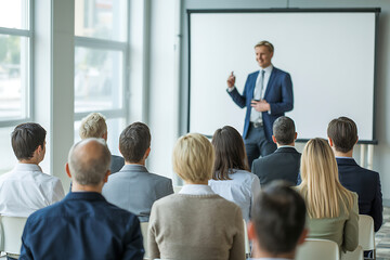 Fototapeta premium Engaging speaker presenting at a modern business conference, delivering insights to attentive audience, fostering collaboration and innovation in bright setting