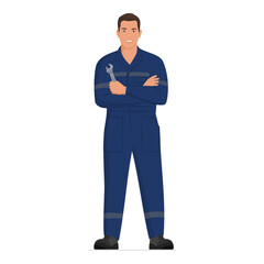 Confident mechanic standing and holding a tool: auto repair service