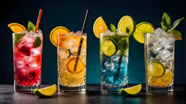 Assorted Vibrant Cold Drinks with Fruity Garnishes