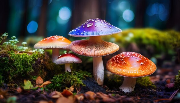 close up of colorful wild mushrooms growing in forest floor a stunning natural scene for nature enthusiasts and mushroom lovers
