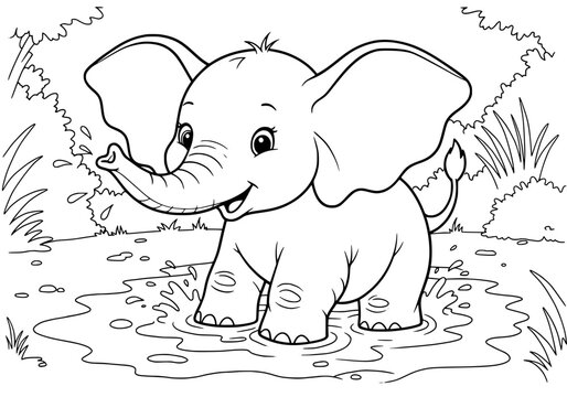 Adorable baby elephant splashing joyfully in muddy water, perfect for children's books and designs