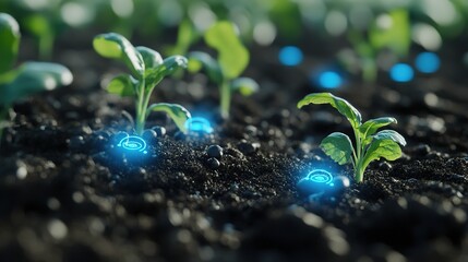 Close-up of smart farming sensors embedded in the soil.
