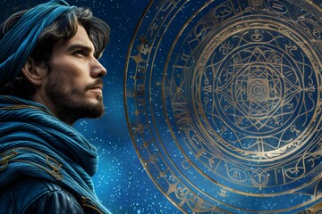 Astrologer studying celestial chart predicting future events in space