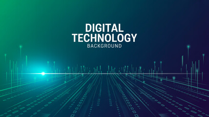 A futuristic digital technology background with a gradient from teal to deep blue.