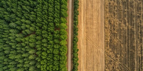 Vibrant contrast of lush green forest alongside golden harvested fields at dusk captures nature's beauty Generative AI