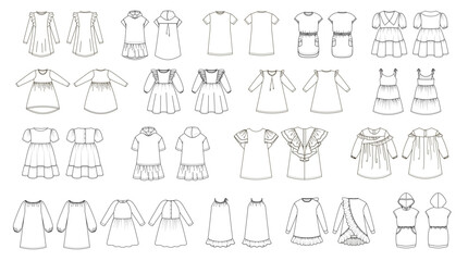 A vector set of kids dress designs in black and white sketch style, featuring various cuts, sleeves, and details, including hoodies and frills. 