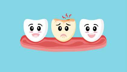 Cavity concept. Healthy smiling teeth and cavities with sad expressions in flat cartoon style design. Dental problems. Toothache. Oral care. Dental and oral health icons.