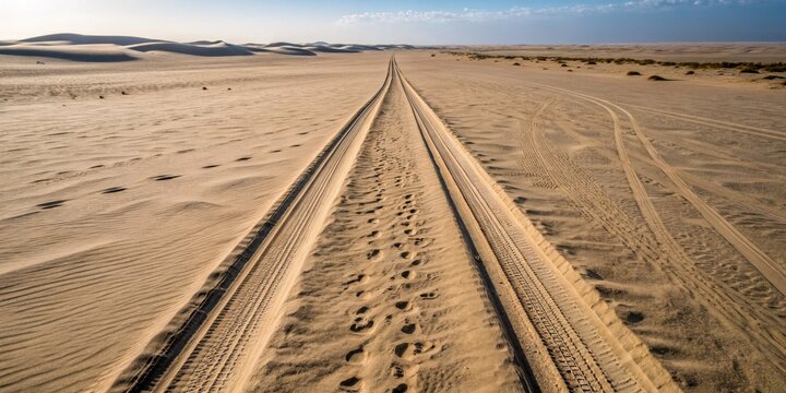 Vast sandy landscape reveals tire tracks weaving through tranquil desert dunes under a clear blue sky Generative AI