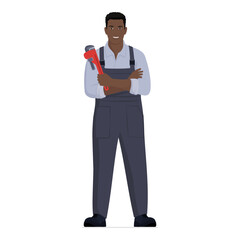 Confident plumber posing and holding a pipe wrench