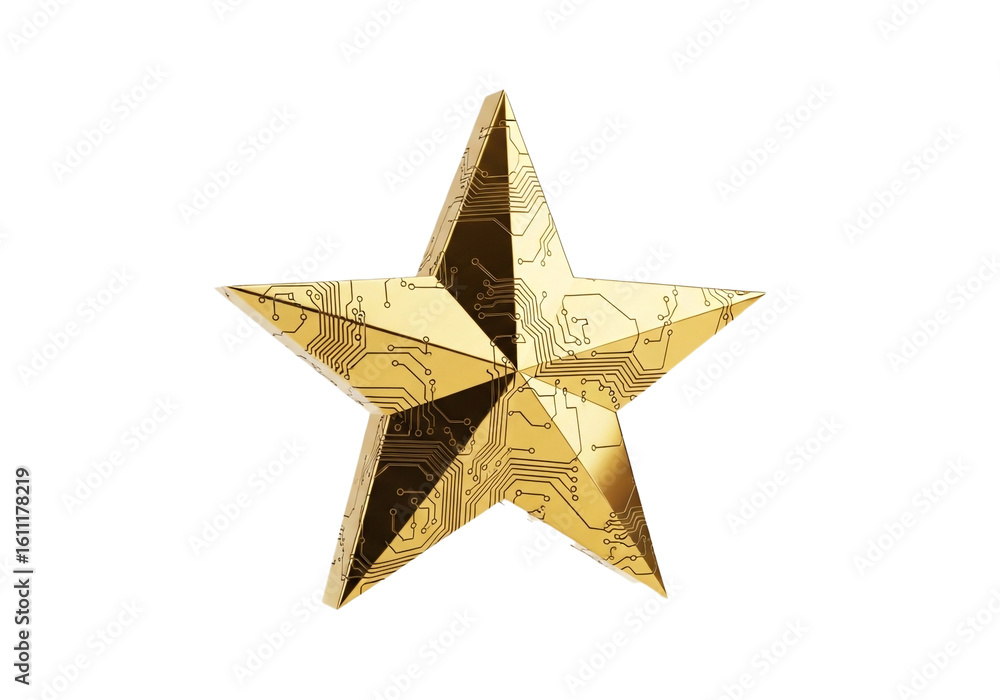 Poster a golden five-pointed star featuring intricate circuit board patterns symbolizes innovation and tech