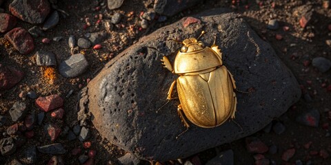 Golden beetle rests majestically on a textured volcanic rock under warm sunlight in nature's vibrant habitat Generative AI