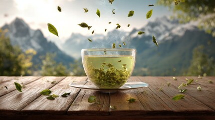 Floating green tea leaves above a hot cup on a wooden table with mountain scenery in the background
