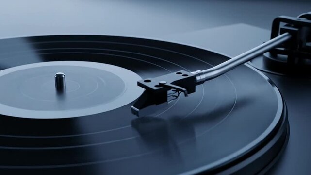 Dynamic CloseUp of a Sleek Turntable Tonearm Lowering to Play a Spinning Vinyl Record. 4k Footage Background Animation Video