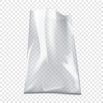 Open clear plastic poly bag. Realistic vector mockup. Blank empty cellophane pouch. 3d mock-up. Transparent glossy package. Template for design