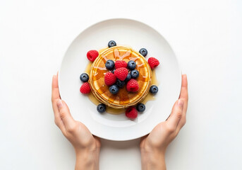 A colorful top down view of hands holding pancakes with fresh blueberries and raspberries, a bright and healthy breakfast image on a white background
