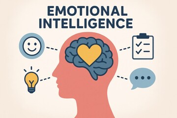 Conceptual Illustration of Emotional Intelligence with Brain, Heart, and Icons