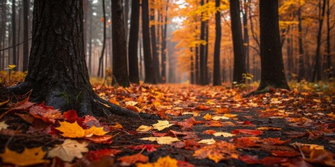 Vibrant autumn stroll through a forest path adorned with colorful fallen leaves in soft morning light Generative AI