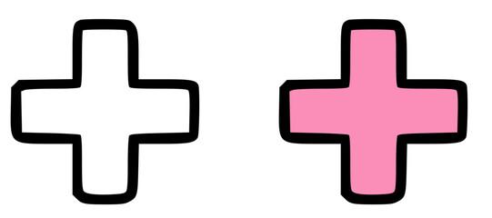 Obraz premium Two simple plus symbols; one white, one pink, both outlined in black.