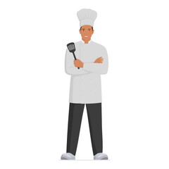 Confident chef posing on white background