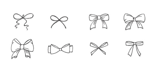 Chalk coquette bow with ribbon set. Hand drawn vector illustration isolated on white background for design template present for wedding, Birthday, Christmas decoration or discount, sale. 