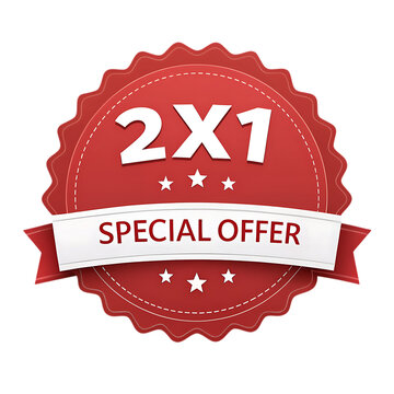Special offer two for one deal badge with stars and ribbon