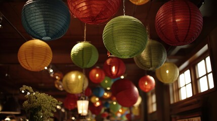 色とりどりの提灯が並ぶ日本の伝統的な祭りの風景
