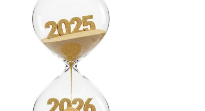 Hourglass showing 2025 running into 2026 isolated PNG with Transparent Background