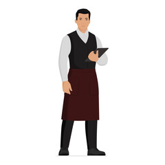Professional waiter standing and holding a tablet