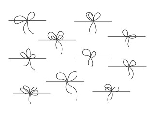 Bow gift on ribbon in doodle style. Simple elegant line art bows collection. String with rope knots isolated. Knot with loops. Hand drawn simple sketch. Present packaging element