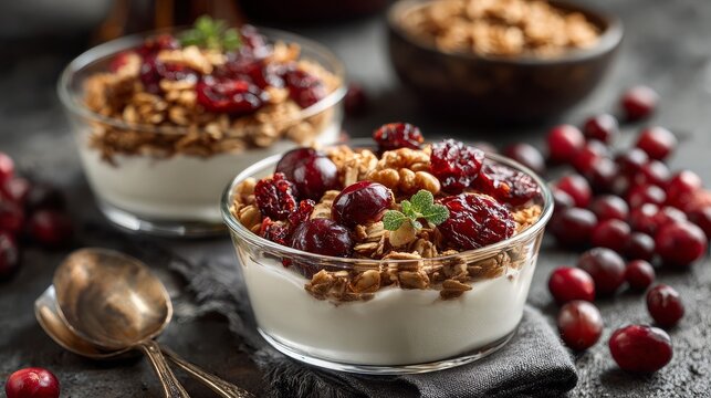 Granola and cranberries topping a rich yogurt blend, close-up view