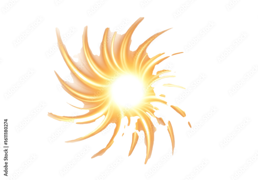 Poster dynamic golden energy bursts outwards showcasing a powerful radiating light source creating a vibran