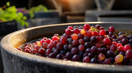 Crushed grapes fermenting in sunlight for winemaking process