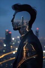 Urban Soul: Double Exposure of a Human Silhouette with Futuristic Cityscape
