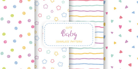 Cute Seamless baby pattern set with dots, hearts, flowers, stripes. Playful Doodle Pencil drawing texture. Ideal for kids textile, nursery decor, packaging, scrapbooking, gift wrap, baby product