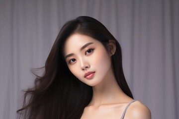 Naklejka premium Studio portrait of a young asian woman with long, flowing dark hair and elegant makeup, conveying beauty and confidence