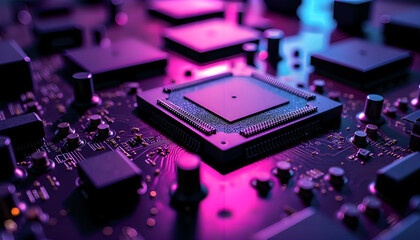 Futuristic Neon Circuit Board With Glowing Microchip