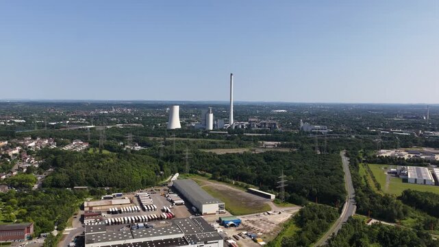 Aerial view of Herne power plant. STEAG power plan industrial complex and greenery in Germany