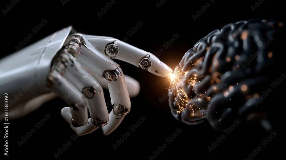 Poster robotic hand makes contact with human brain generating a light spark in a futuristic setting
