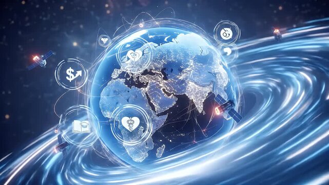 Global digital network, interconnected world, futuristic graphic representation of Earth.