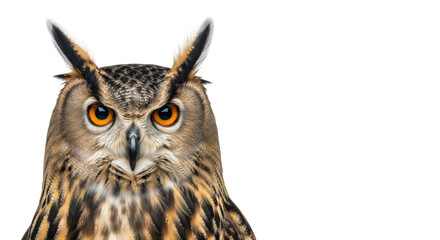 Fototapeta premium Close-up photorealistic studio portrait of an adult eurasian eagle-owl with prominent ear tufts, bright orange eyes intensely focused on camera, isolated on transparent background with copy space,