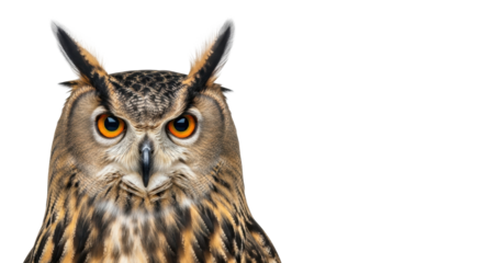 Close-up photorealistic studio portrait of an adult eurasian eagle-owl with prominent ear tufts, bright orange eyes intensely focused on camera, isolated on transparent background with copy space,