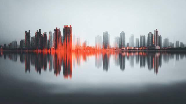Modern cityscape with vibrant sound waves echoing through buildings, reflecting on calm water, creating a futuristic urban soundscape