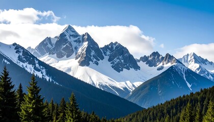 Obraz premium Majestic peaks: A scenic vista of snow-capped mountains and evergreen forests scenery landscape