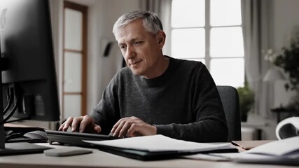 focused man sits at his workstation, his eyes remain locked on computer monitor. adult male types intently, data streams across monitor. remote online work in home office. concept
