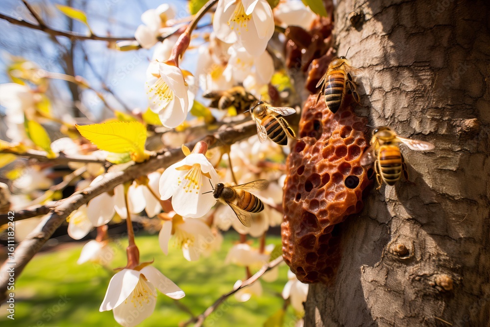 Poster honey bees busy pollinating cherry blossoms and creating honeycomb on a tree trunk in spring