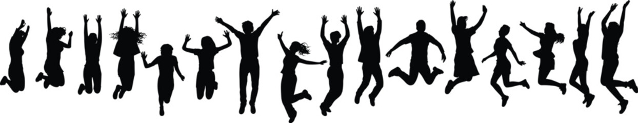 Group of People Jumping in Celebration, Black Silhouette Figures, Joyful Expression, Team Unity Concept, Vector Illustration for Creative Projects, Festive Energy and Togetherness Theme